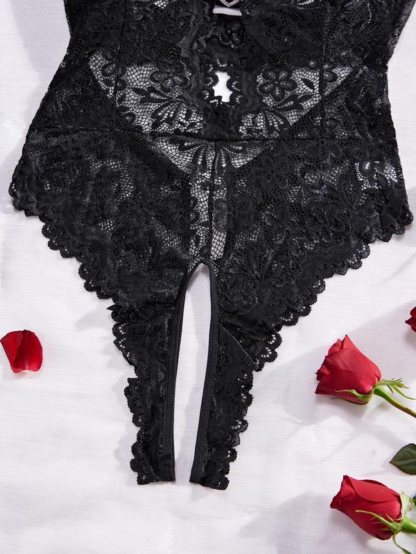 Women's Heart Decor Contrast Lace Cami Bodysuit, Sexy Scallop Trim Backless Lingerie for Women, Fashion Comfy Women's Underwear for All Seasons